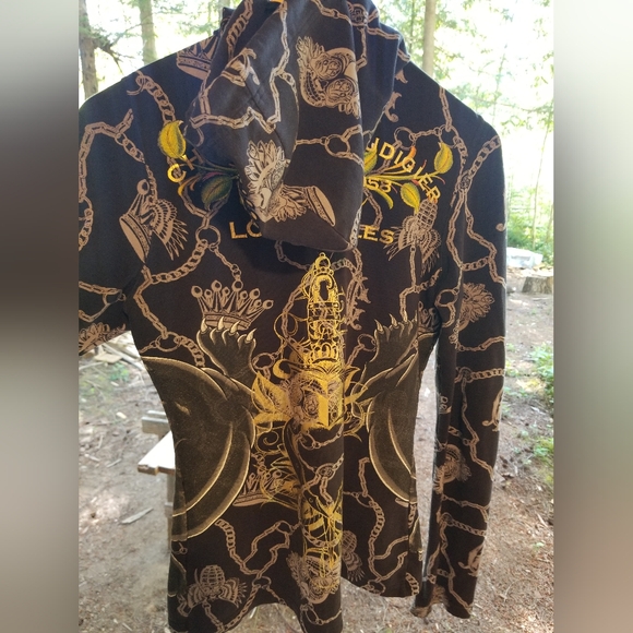 Small Christian Audigier Hoodie zip up Sweatshirt top Ladies Panther Black Gold - Picture 2 of 16